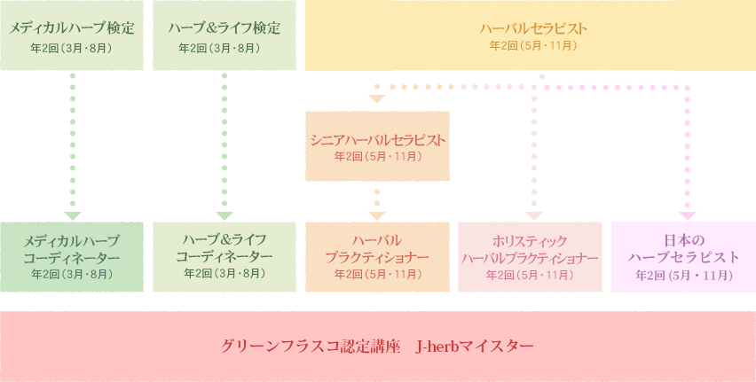 メディカルハーブ検定 年2回（3月・8月）
            ハーブ＆ライフ検定 年2回（3月・8月）
            ハーバルセラピス卜 年2回（5月・11月）
            シニアハーバルセラピスト 年2回（5月・11月）
            メディカルハ‐ブ コーディネー夕ー 年2回（3月・8月）
            ハーブ＆ライフ コーディネーター 年2回（3月、8月）
            ハ‐バル プラクティショナー 年2回（5月、11月）
            ホリスティック ハーバルプラティショナー 年2回（5月、11月）
            日本のハーブセラピスト 年2回（5月・11月）